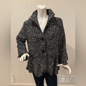 Damee Black and Silver Sparkly Women’s Tweed Jacket with Bell Sleeves, size L